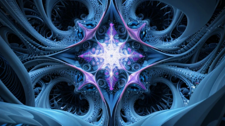 An abstract environment composed of complex 3D fractal geometric structures. The shapes evolve slowly, creating shifting, colorful patterns that suggest a process of digital reflection. A style akin to a computer simulation of particles.