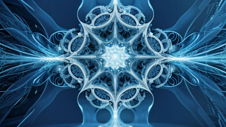An abstract environment composed of complex 3D fractal geometric structures. The shapes evolve slowly, creating shifting, colorful patterns that suggest a process of digital reflection. A style akin to a computer simulation of particles.