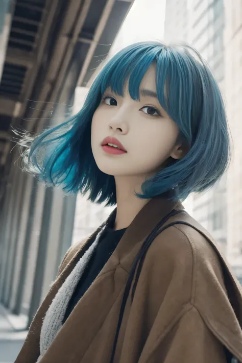 (blue hair short perm hair:1.2),(thick fluffy bangs),Beautiful woman,1 person,kind eyes,distorted silhouette: Incorporating dist...
