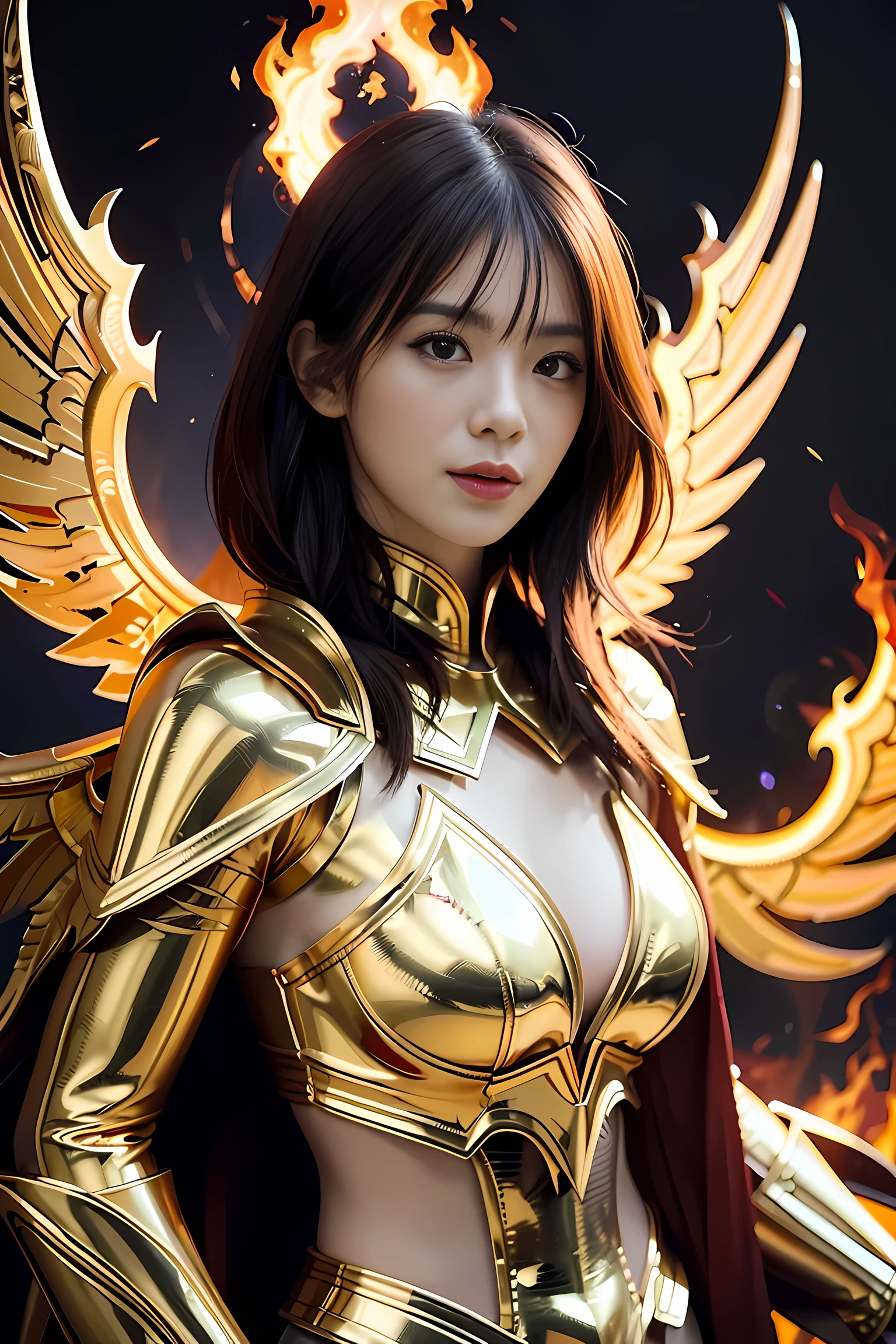 um close de uma mulher com fogo e chamas no corpo, com asas douradas de fogo of flame, com asas douradas de fogo,  arte conceitual | Artgerm, guerreiro fênix, extremely detailed Artgerm, senhor feminino da mudança, retrato completo do elementalista, arte de personagem épica e requintada