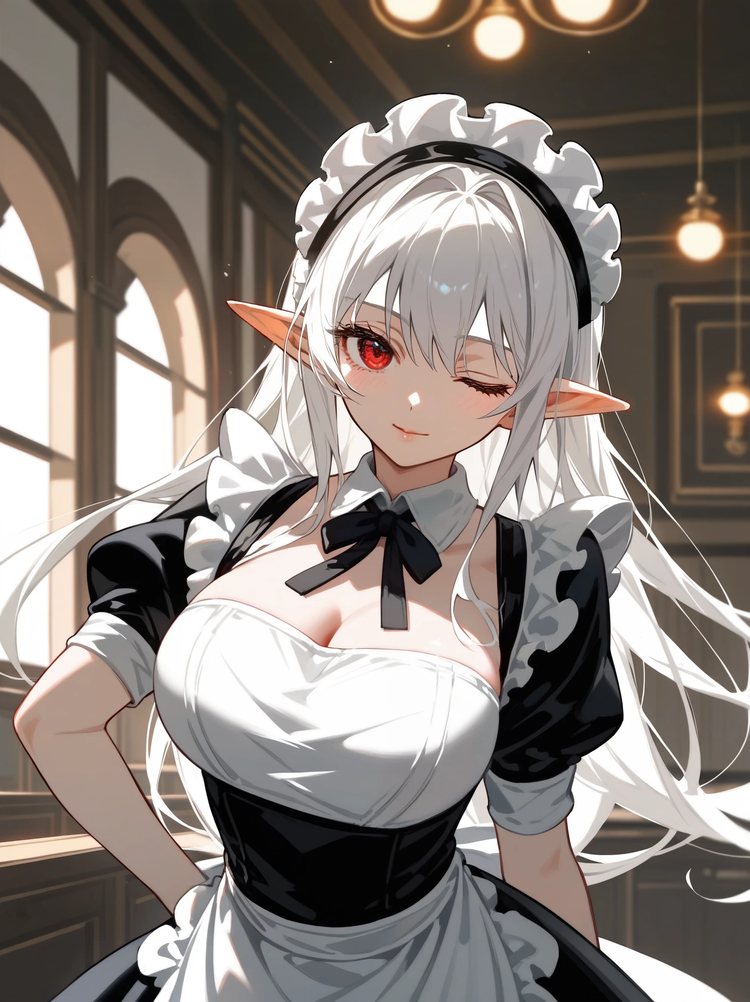 (score_9,score_8_up,score_7_up,), 1girl,solo,maid,maid headdress,looking at viewer,apron,indoors, white hair, red eyes, pointy ears, long hair, alice, standing, mature female, large breasts, cowboy shot, close up, winking, one eye closed, kiss