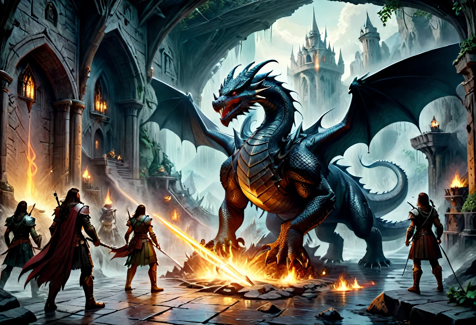 Dungeons and Dragons, a real story based on the game "Dungeons & Dragons", epic, grandiose, dragon and heroes, epic battle, magical artifacts, magic sword, real photography, cinematic frame, active scene, digital frame processing, computer graphics effects, digital art, masterpiece, real, valid, existing where-that's in another world