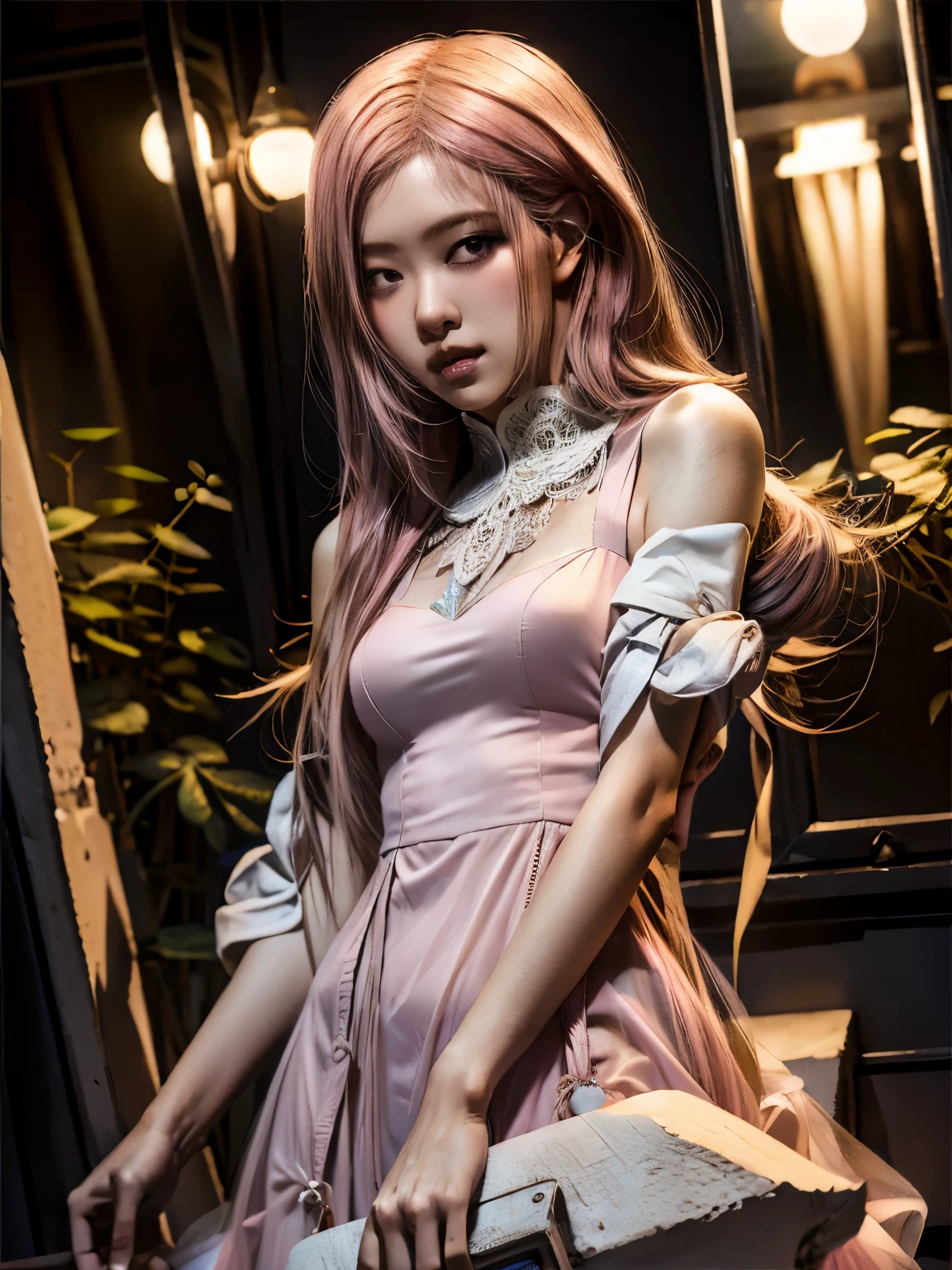 Dynamic posing,Best Quality,masutepiece,8K,The ultimate detailed dark background, Top image quality、RAW photography、超A high resolution, dressed in a cute dress, pink hair, sunny day,（Hand optimization），（Details are strengthened），（High Picture Quality） An 18-year-old female、Shot for one person only、model shoot,Shy