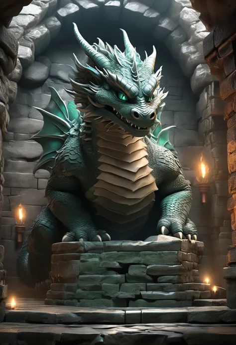 Immortal Colossus Cute Dragon Immortal Colossus scene in the dungeon，The cute dragon transforms into a huge stone statue，Standin...