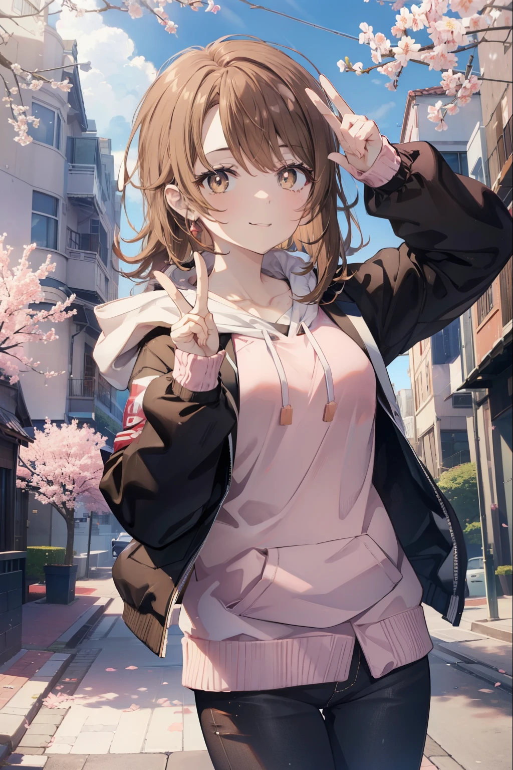 irohaisshiki, iroha isshiki, long hair, brown hair, (brown eyes:1.5), happy smile, smile, open your mouth,Put your hand over your mouth and make a peace sign, 1 girl,towards the camera,pink hoodie,short denim pants,black tights,short boots,independent&#39;with your back to the wall、The cherry blossoms have bloomed,Cherry blossoms are scattered,
break indoors, Cherry blossom tree-lined path,
break looking at viewer,Upper body,
break (masterpiece:1.2), highest quality, High resolution, unity 8k wallpaper, (shape:0.8), (fine and beautiful eyes:1.6), highly detailed face, perfect lighting, Very detailed CG, (perfect hands, perfect anatomy),