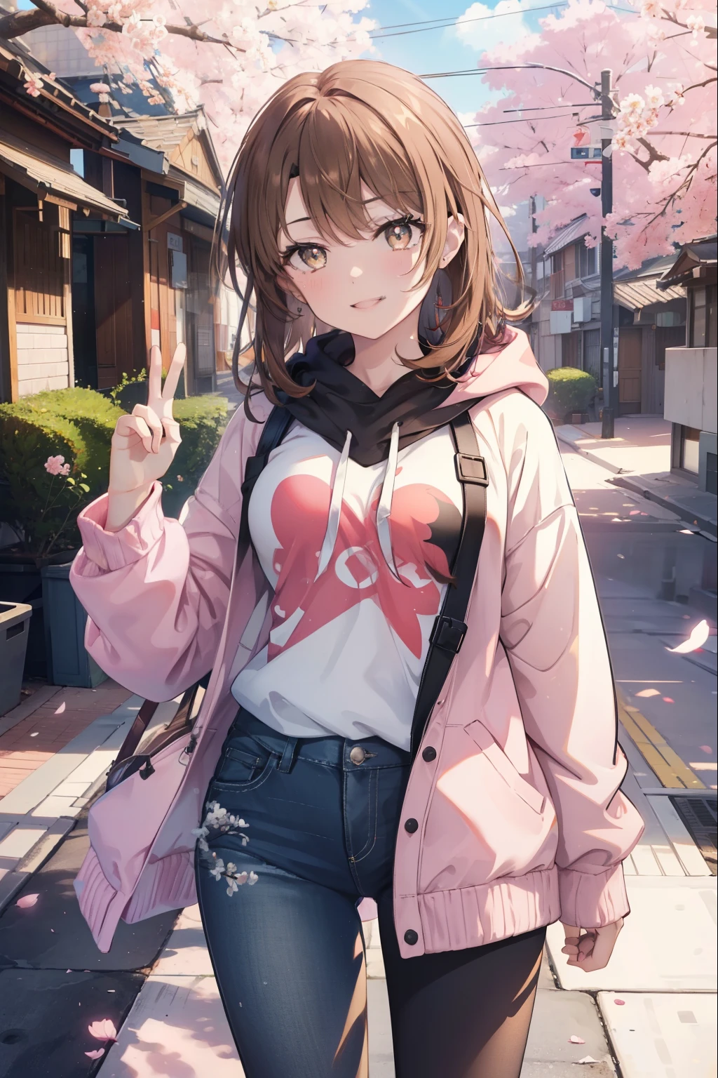 irohaisshiki, iroha isshiki, long hair, brown hair, (brown eyes:1.5), happy smile, smile, open your mouth,Put your hand over your mouth and make a peace sign, 1 girl,towards the camera,pink hoodie,short denim pants,black tights,short boots,independent&#39;with your back to the wall、The cherry blossoms have bloomed,Cherry blossoms are scattered,
break indoors, Cherry blossom tree-lined path,
break looking at viewer,Upper body,
break (masterpiece:1.2), highest quality, High resolution, unity 8k wallpaper, (shape:0.8), (fine and beautiful eyes:1.6), highly detailed face, perfect lighting, Very detailed CG, (perfect hands, perfect anatomy),