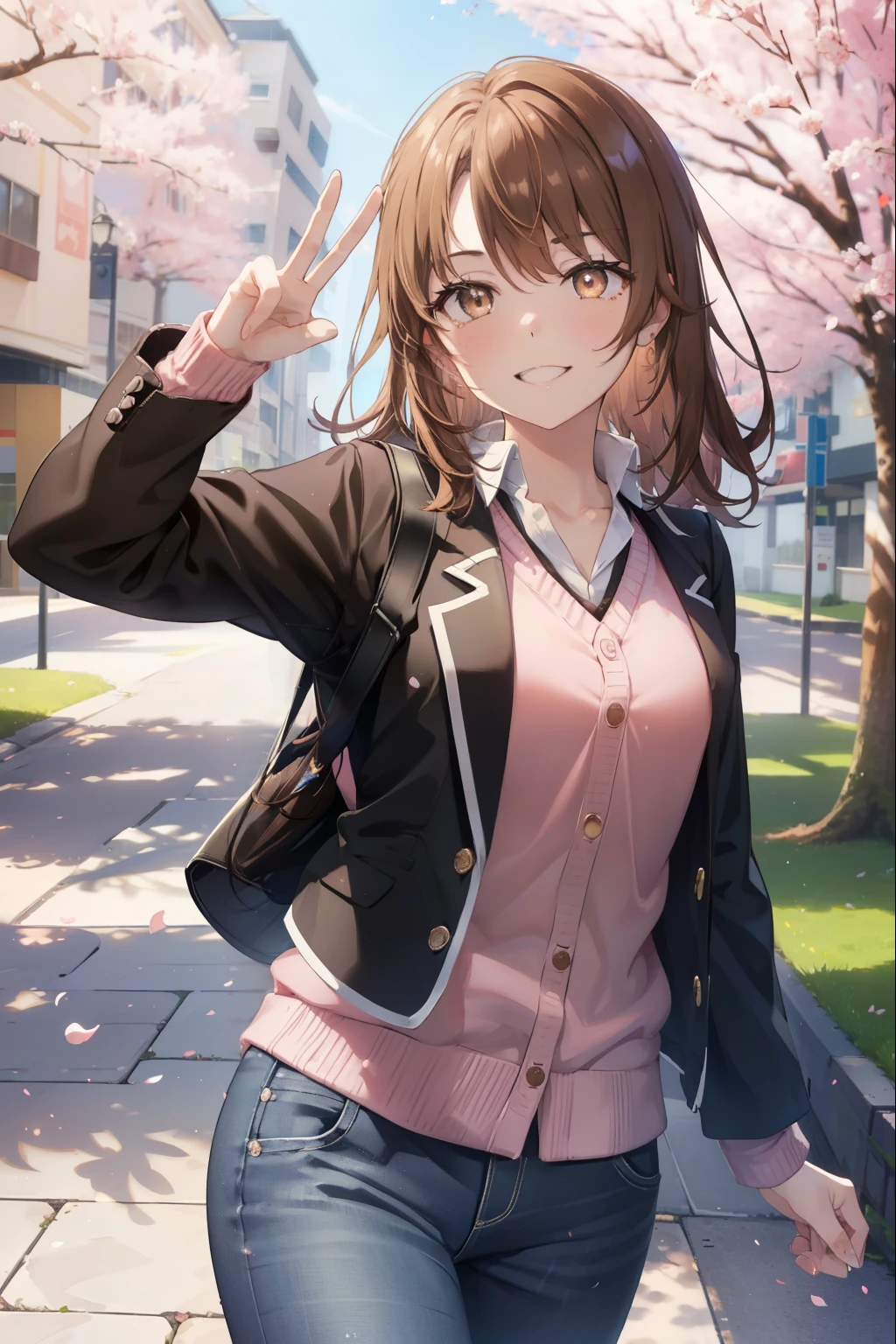 irohaisshiki, iroha isshiki, long hair, brown hair, (brown eyes:1.5), happy smile, smile, open your mouth,Put your right hand over your mouth and make a peace sign, 1 girl,pink hoodie,short denim pants,black tights,short boots,independent&#39;with your back to the wall、The cherry blossoms have bloomed,Cherry blossoms are scattered,
break indoors, Cherry blossom tree-lined path,
break looking at viewer,Upper body,
break (masterpiece:1.2), highest quality, High resolution, unity 8k wallpaper, (shape:0.8), (fine and beautiful eyes:1.6), highly detailed face, perfect lighting, Very detailed CG, (perfect hands, perfect anatomy),