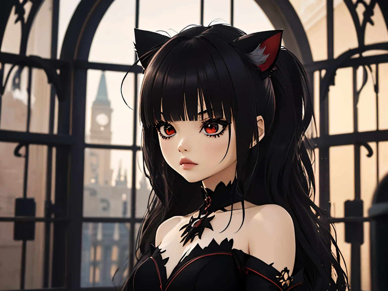 Anime girl with black hair and red eyes in front of a window - SeaArt AI