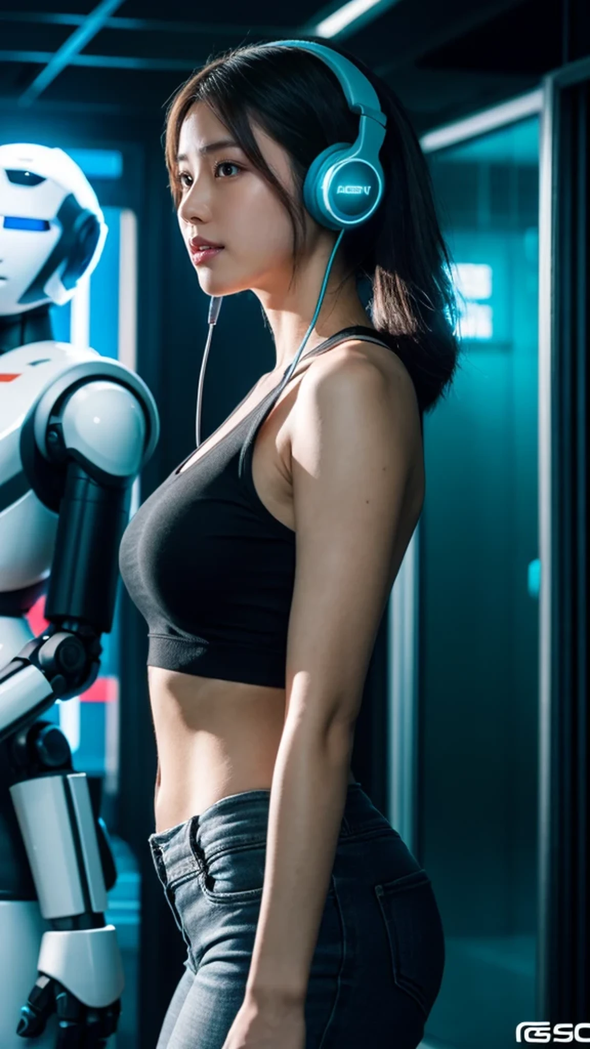Eine Frau mit Kopfhörern steht neben einem Roboter, Cyberpunk Art by Jason A. Engle, CG-Gesellschaft, Retrofuturismus, Ilja Kuwschinow, SF, futuristisch, lebhaft, photoRealistisch, Realistisch, dramatisch, Filmische Beleuchtung, scharfer Fokus, 8K