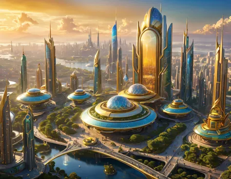 (golden hour lighting), megacity, megalopolis of an imaginary world of science fiction , parecido a una disneylandia futurista, ...