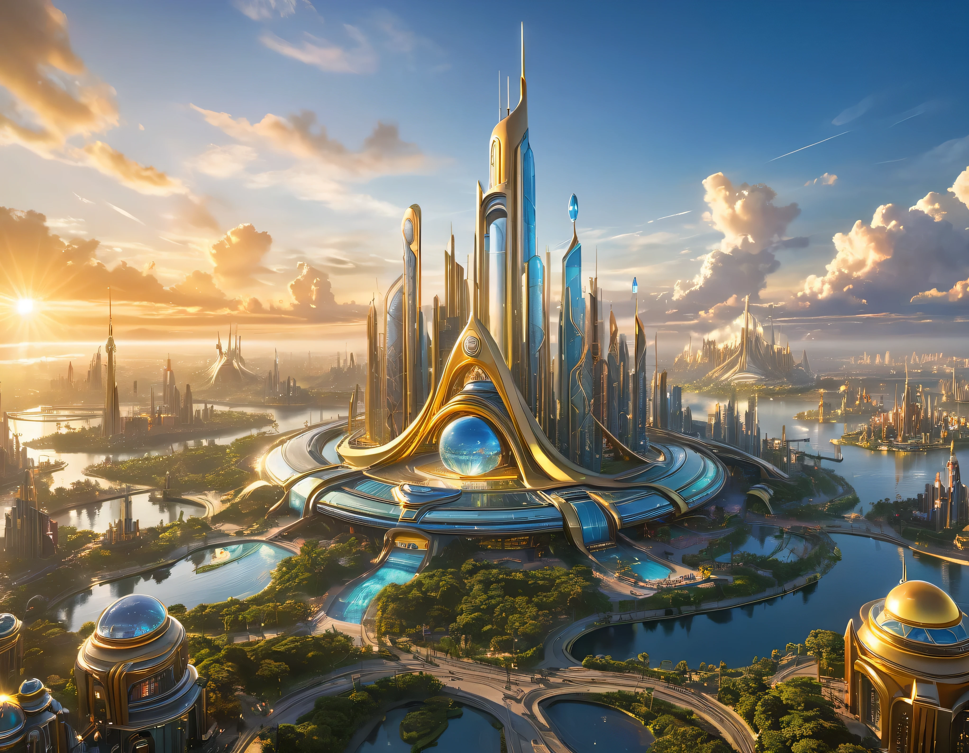 (黃金時段燈光), 特大城市, 科幻小說想像世界的大都市 , 類似未來主義的迪士尼樂園, 和最大的幻想, 巨大的建築物以及橢圓形和十二面體的摩天大樓由金屬和玻璃組合在一起，其中鑽石和彩色照明廣告占主導地位。. 清晰的 8k 影像, (機器的複雜細節), 與許多建築物在一起.(頂級品質傑作).(逼真的影像), 直至背景的絕對清晰度