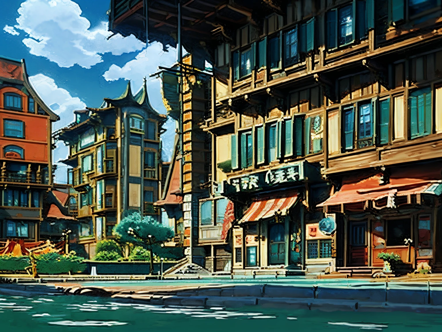 Captura de tela do DVD do filme do Studio Ghibli, (complexo de apartamentos moderno de terror:1.4), retro anime, cores insaturadas