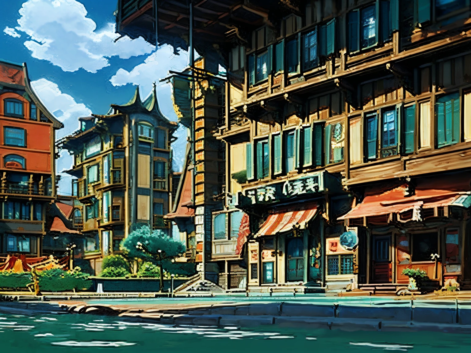 Captura de pantalla en DVD de la película de Studio Ghibli., (complejo de apartamentos moderno de terror:1.4), retro anime, colores no saturados