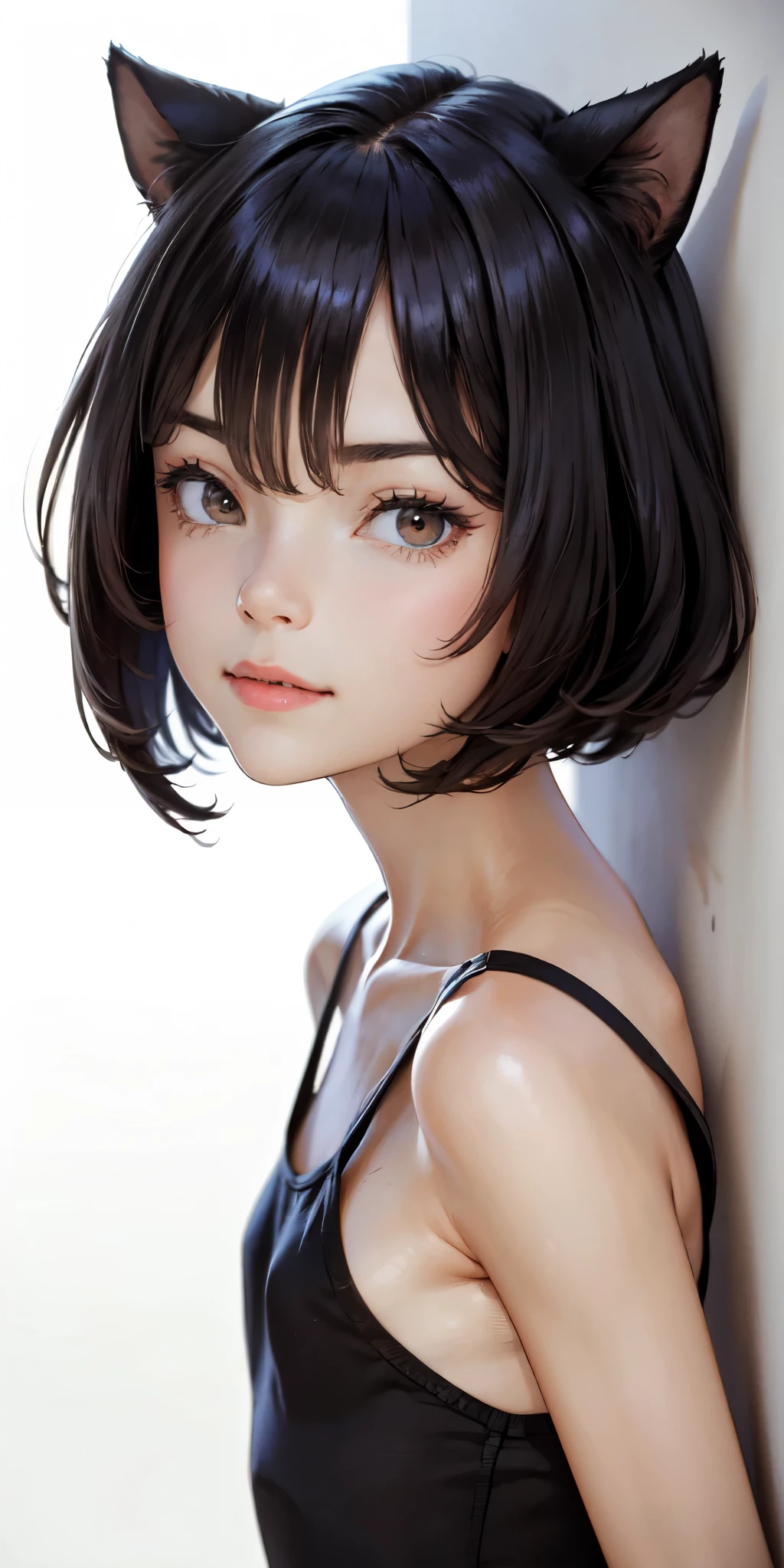 very young slim fit girl, full height, rounded face, very short disheveled dark blue hair, big yellow eyes, shy smile, perfect flat breast, band on head with fake cat ears, look at you, (ahoge:1.2), megane, (white wall, simple scene, white backgrounds, clean scene:1.4), sashagrey, a strand of hair from the bangs hangs between the eyes, accurate small snub nose 