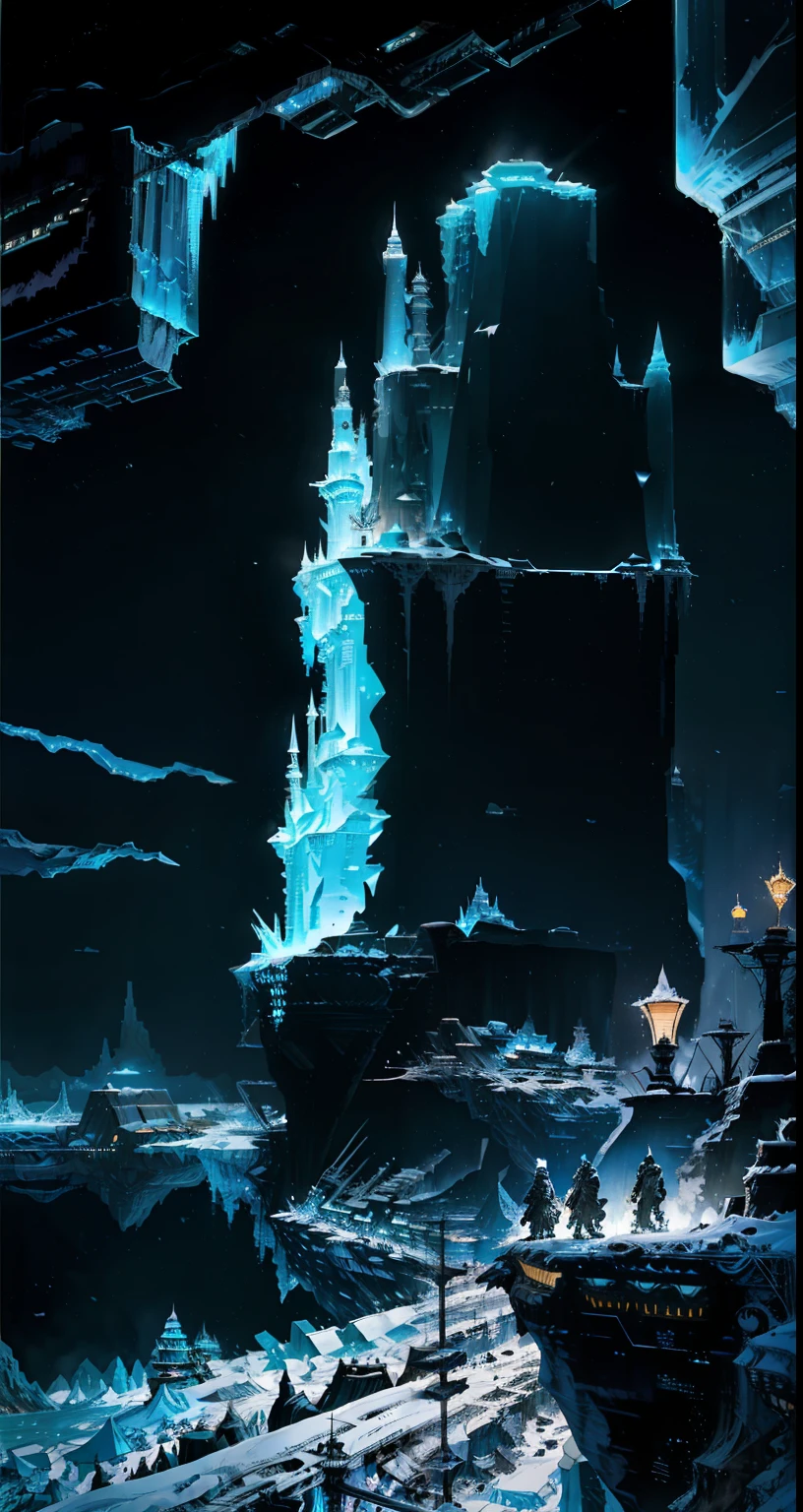 In the dimly lit cyberpunk landscape, a towering iceberg looms large, its once pristine surface now marred with mechanical faults and broken edges. Covered in a thick blanket of snow, the icy monolith stands out against the backdrop of a dark, grungy dungeon, where gears and pipes extend from every angle, creating an intricate web of mechanical complexities. Icicles hang precariously from the jagged edges of the iceberg, casting long, ominous shadows across the cold, desolate floor. The mood is somber, with an arena-like atmosphere adding an air of anticipation and danger to the eerie scene. The picture exudes