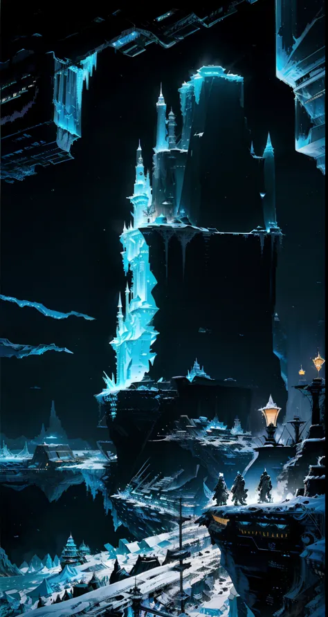 In the dimly lit cyberpunk landscape, a towering iceberg looms large, its once pristine surface now marred with mechanical fault...