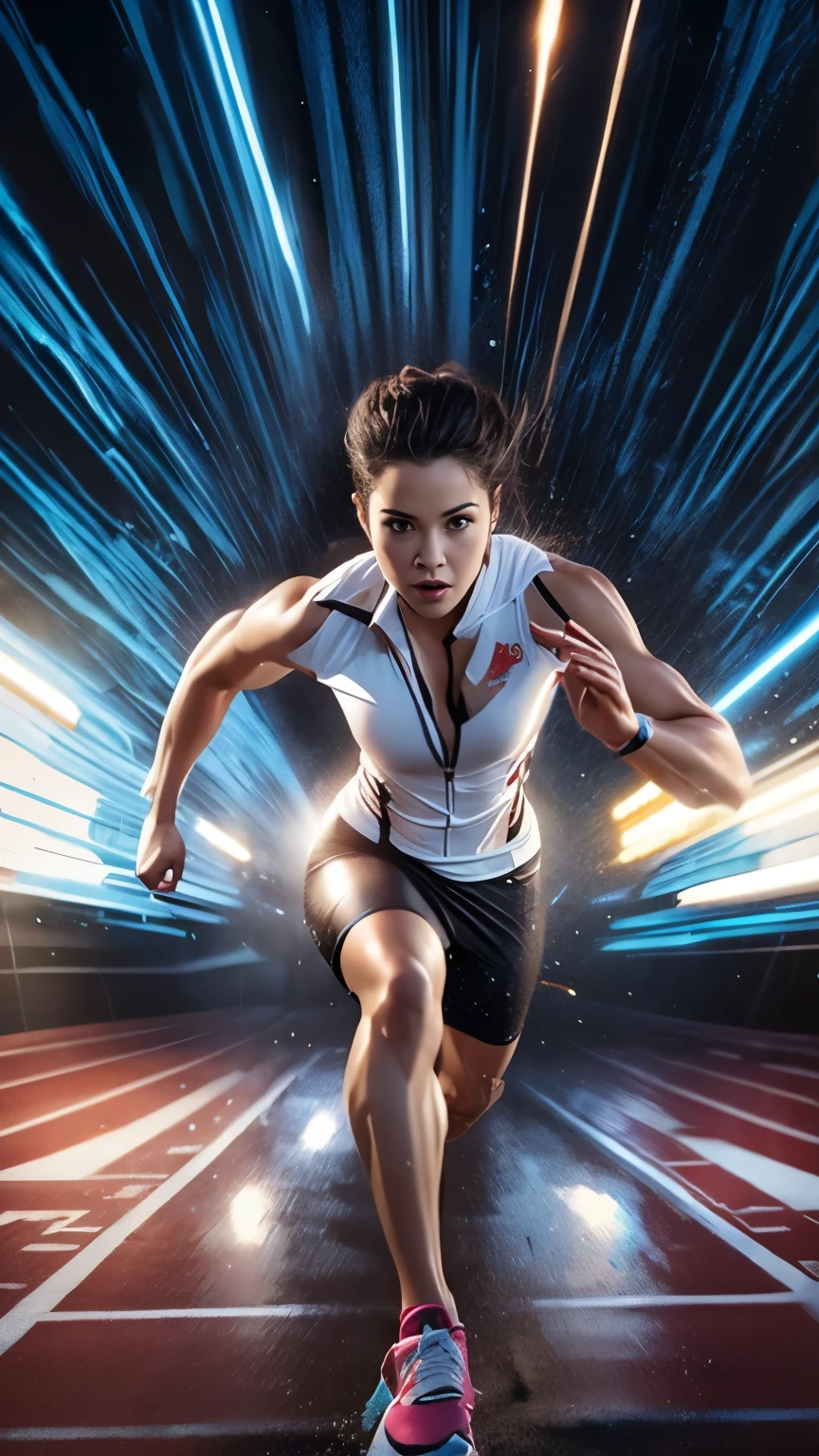 a close up of a women running on a track with a light trail behind her, sprinting, athlete photography, hyperspeed, tracers, athletic body, cover shot, dynamic active running pose, high-speed sports photography, sports photography, by Edwin Georgi, light speed, high speed motion, dynamic movie still, sport photography, movie promotional image, energy pulsing realistic, detailed, 4k
