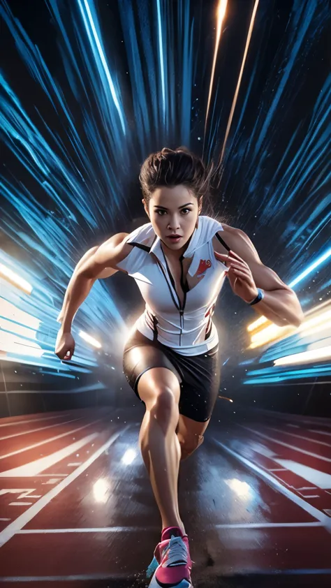 a close up of a women running on a track with a light trail behind her, sprinting, athlete photography, hyperspeed, tracers, ath...