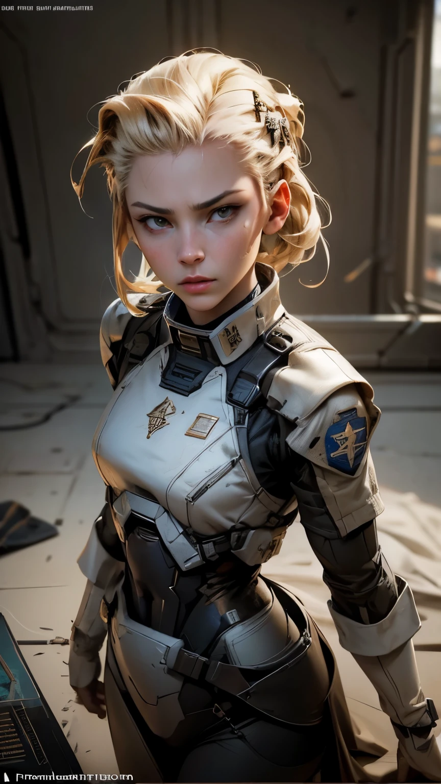 Movie Cover Image,Like a Real Person,Polite Dress,War War Fighter Action Cover Image),(Movie Reference Foundation : 1.8 ),Realistic,White Air Force General Uniform,(Realistic Face Resolution),Cinematic Poses,Adult,Skinny,Small,1 Woman with Dark Blonde Hair,Serious Face,Science Fiction,Sci-Fi,Different Characters