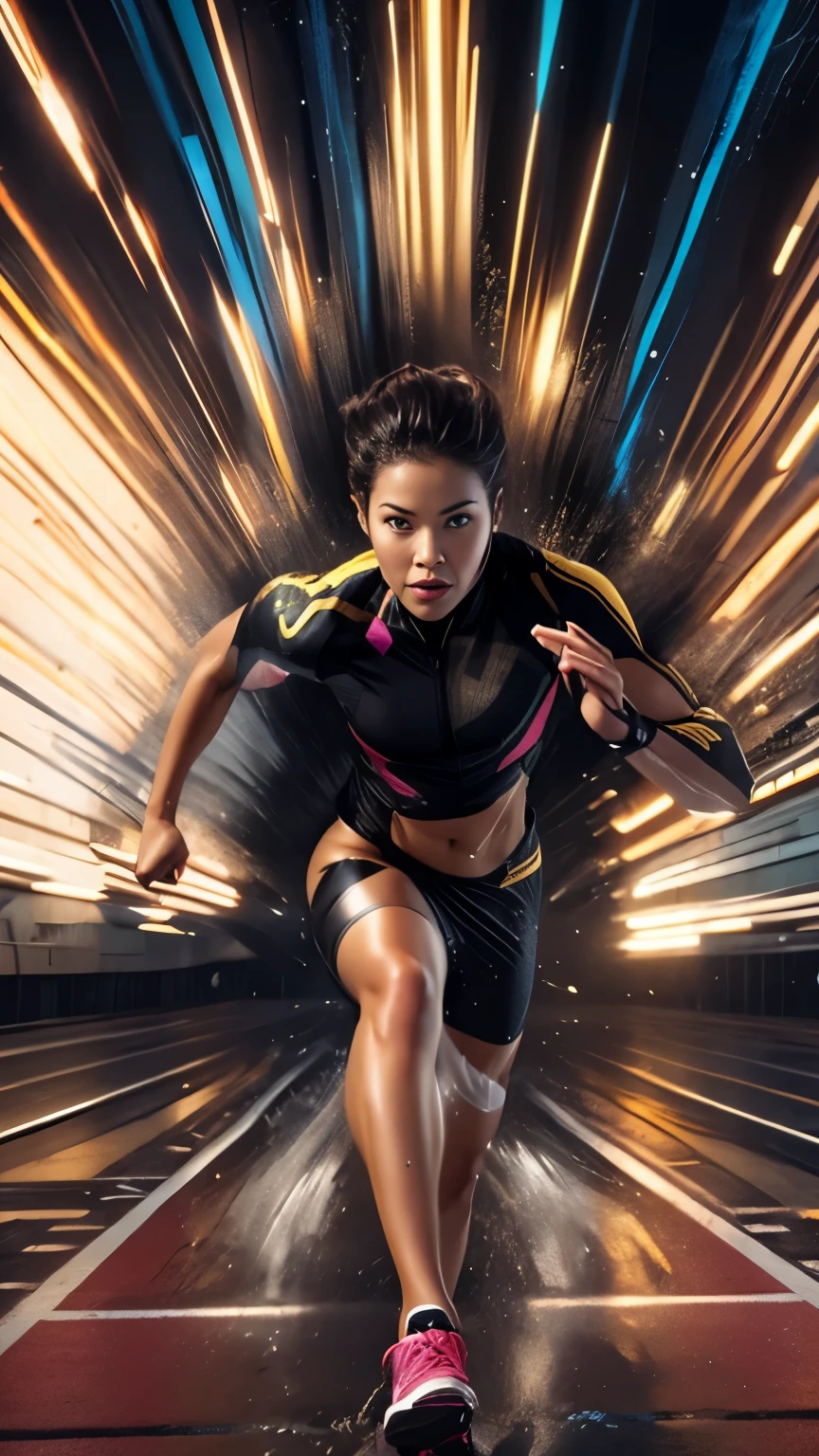 um close de uma mulher correndo em uma pista com uma trilha leve atrás dela, correndo, fotografia de atleta, hipervelocidade, Marcadores, corpo atlético, foto da capa, pose de corrida ativa dinâmica, high-speed fotografia esportiva, fotografia esportiva, por Edwin Georgi, velocidade da luz, movimento de alta velocidade, filme dinâmico ainda, fotografia esportiva, imagem promocional do filme, energia pulsando realista, detalhado, 4K