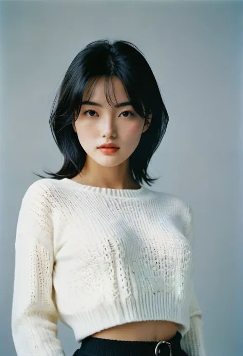 (masterpiece, realistic, ultra high resolution, high quality:1.2),
1 girl, (young),(no makeup), black hair,
Wearing a white knit...
