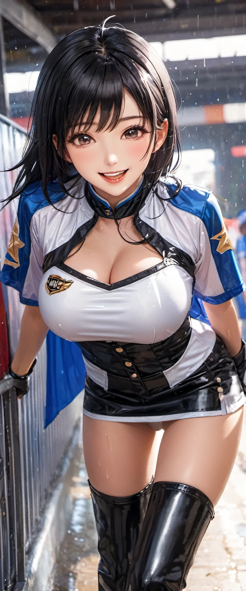 1 female,black hair,25 years old,(((Shiny race queen uniform with exposed belly button)))(((blush、open mouth smile)),(((straight hair))),,,(wet with sweat)(leather thigh high boots)(((beautiful breasts)))