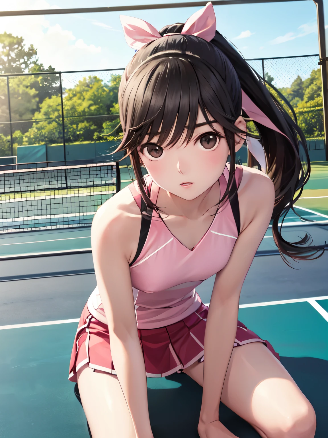 Super Detailed Game CG, (High resolution:1.1),(absurd:1.1), anime, Tennis court、pretty girl, 1 girl, takane manaka, small breasts, black hair ponytail, Loose white and pink tennis wear, bangs,  reflection effect, Reddish cheeks、 beautiful perfect face, droopy eyes、Poop sitting、Drink a drink