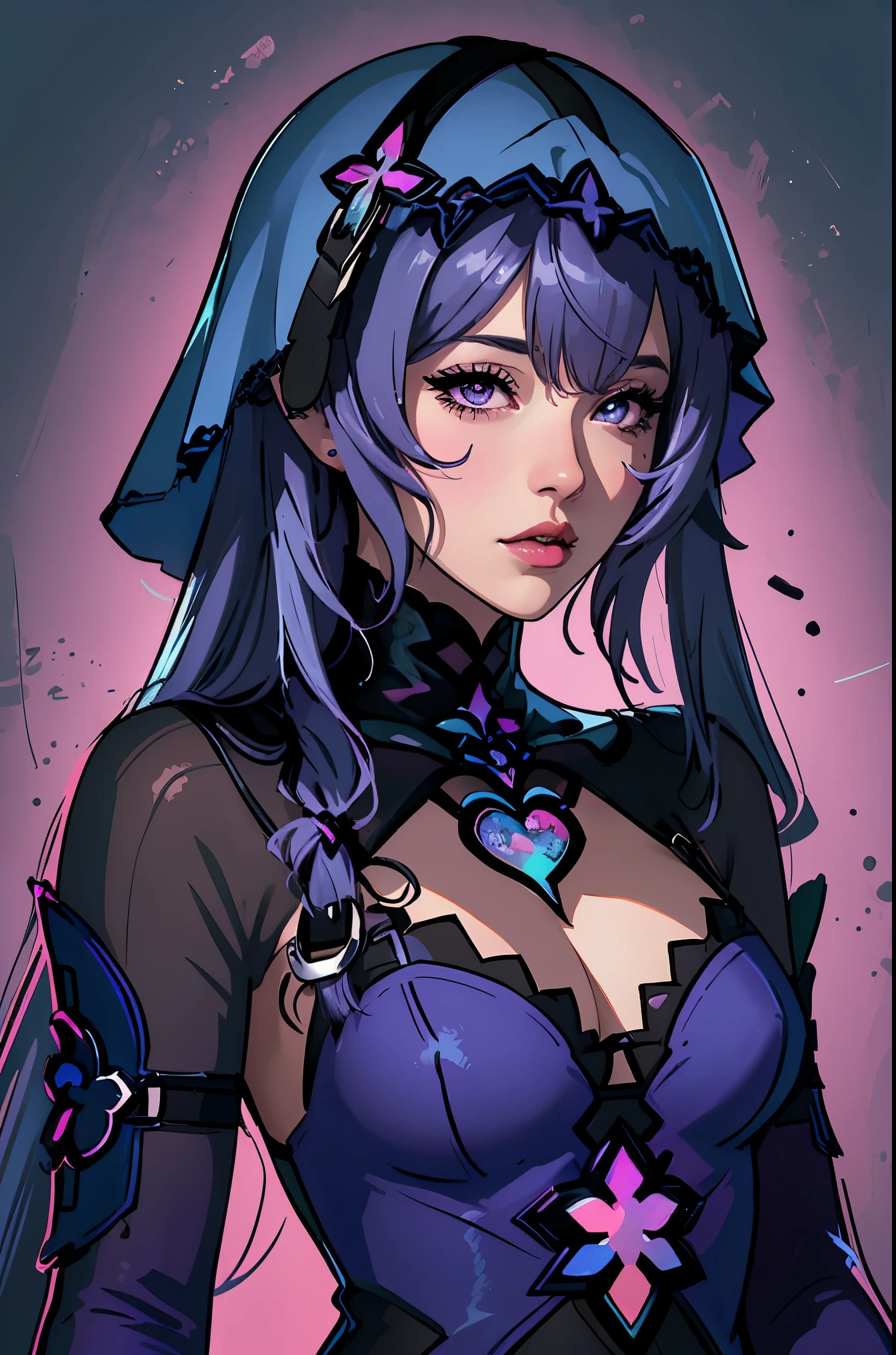 (best quality, sketch:1.2),realistic,illustrator,anime,1 girl, detailed lips,custom, bad women, details, neon blue gradient background, purple hair,textured cropping, masterpiece, style retro classic, 