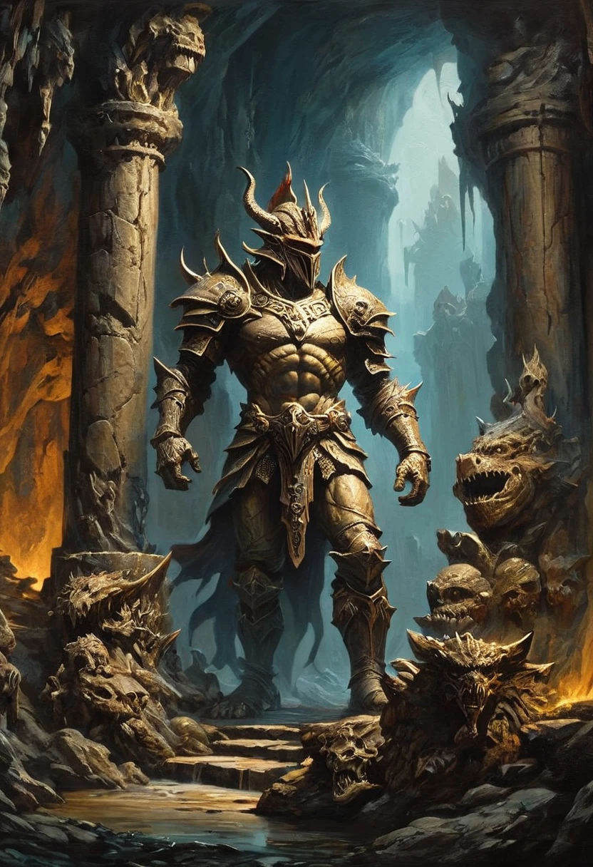 huge statue of deity, underground cave, Dungeons & Dragons, RPG game, epic, dark fantasy concept art, masterpiece, best quality, perfect composition, very aesthetic, absurdres, ultra-detailed, intricate details, Professional, official art, Representative work