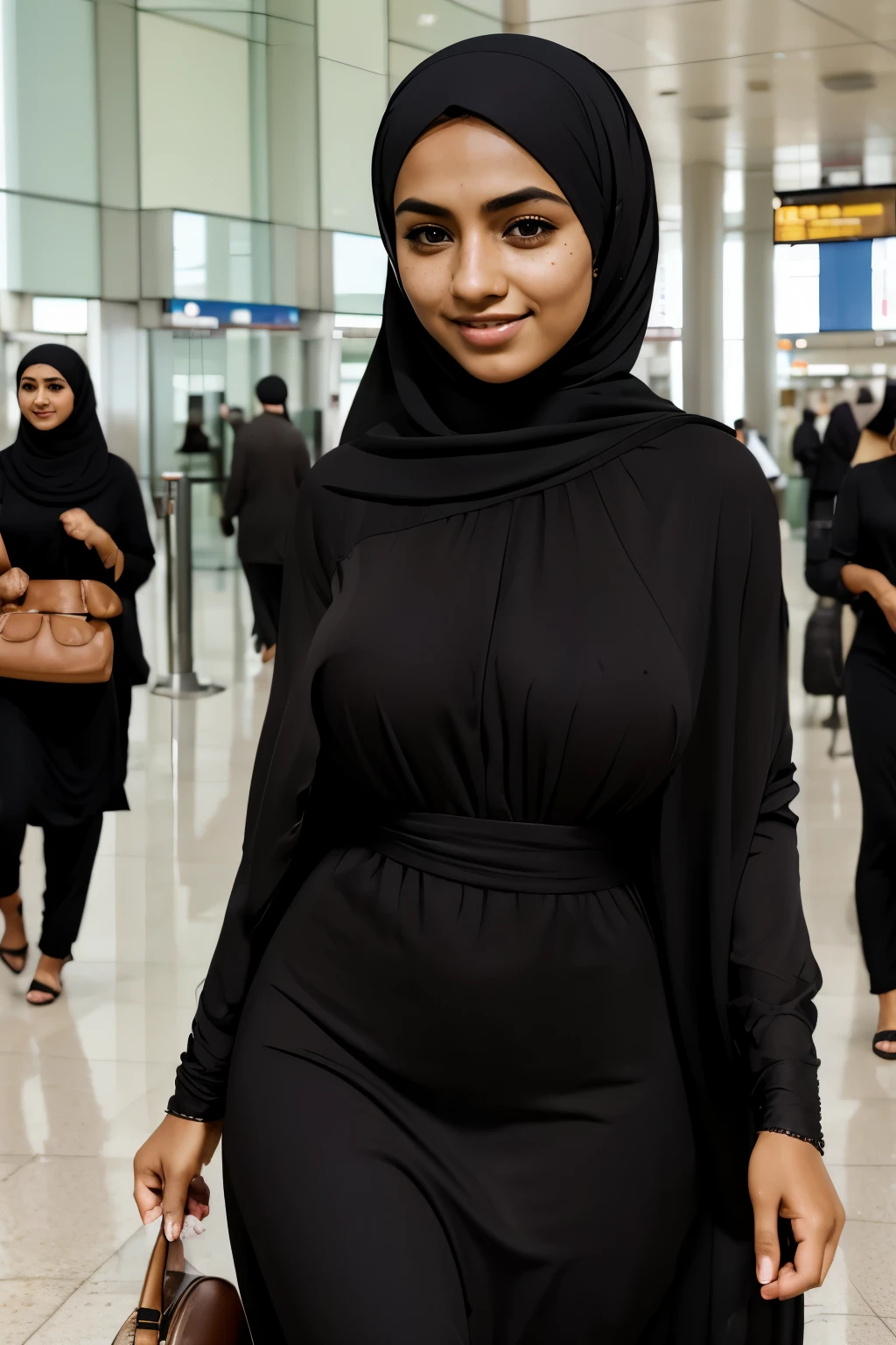 dark skinned arabian girl, close up, face focus, big breasts, standing in a dress that covers her body, abaya dress, modest, perfect face quality, youthful, huge breasts, teen, young, slim, thin, skinny, cute face, adorable, LyraLaw, hijab, Walking in an airport, big smile, lots of freckles, 
