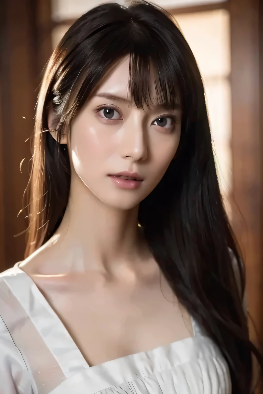 ８ｋ、High resolution、maid clothes fashion、beautiful girl、slender body、young、white skin,、narrow eyes,high nose,lighting that illuminates the face、clear image、intellectual beauty、skinny、no makeup、anxious look、lighting that illuminates the face,shining hair、single eyelid,cute pose,slanted eyes、Bangs style