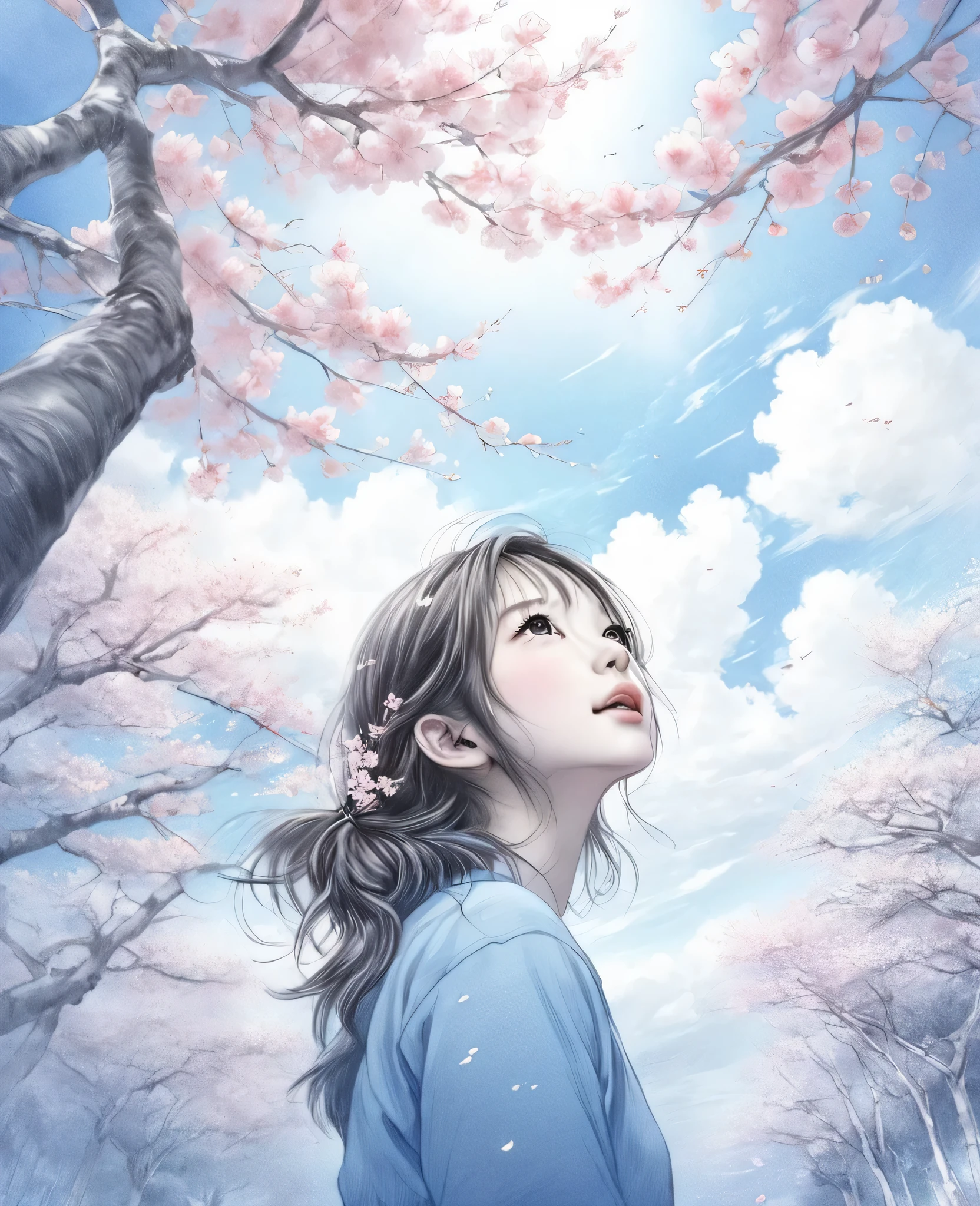 (PE pencil drawings:1.4),  Clouds and blue sky、Spring sky and beautiful cherry blossoms、Landscape photo of vast cherry blossom trees、（A view from below of the sky and the wilderness below）、Girl looking up at blue sky、Draw a big picture of the sky、table top、highest quality