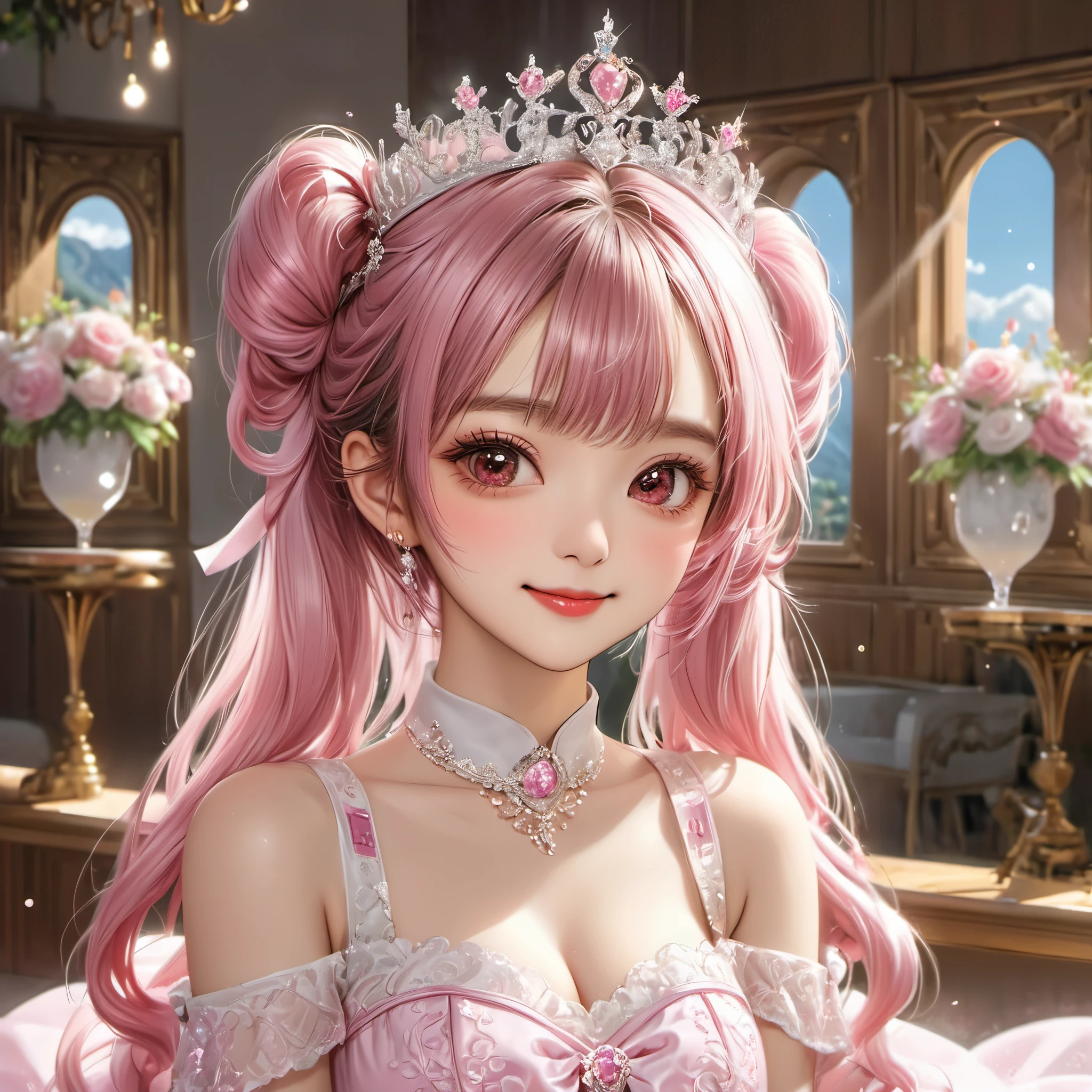 (Breathtaking and beautiful lighting:1.2), (1 Girl:1.3), (Solo:1.5), sixteen years old, (shiny white skin), (pastel pink hair, twin tail hair, Bangs:1.3), (Beautiful pink eyes, adolable big drooing eyes, wink, close one eye:1.5), (Breathtaking Beautiful white Princess Dresses with Luxurious Details, super precision embroidery See-through lace, cute ribbon, super precision embroidery a lot of see-through frill, corset belt, mermaid-line skirt, super precision embroidery silver thread, Diamond), (big bust:1.3), (beautifully Luxurious Diamonds Tiara), (happy smile, Beautiful smile, Gentle smile, cute smile, innocent smile like an angel:1.2), Attractive, amazing, Beautiful, Elegant, Luxurious, magnifica, Eye-catching, the ultimate beauty, Supreme Beauty, Superlative beauty, Elegant, Beauty, Graceful, Everyone loves it, Beauty that fascinates everyone, Healed, The highest level of complete beauty, cute like an idol, Stylish like a fashion model, Goddess-like grace, Be loved, cute little, adolable, Look at the camera, cute little pose, Happy, (Upper body:1.5), (breathtaking scenery, Breathtakingly beautiful Luxurious Princess room, champagne, wine:1.5),