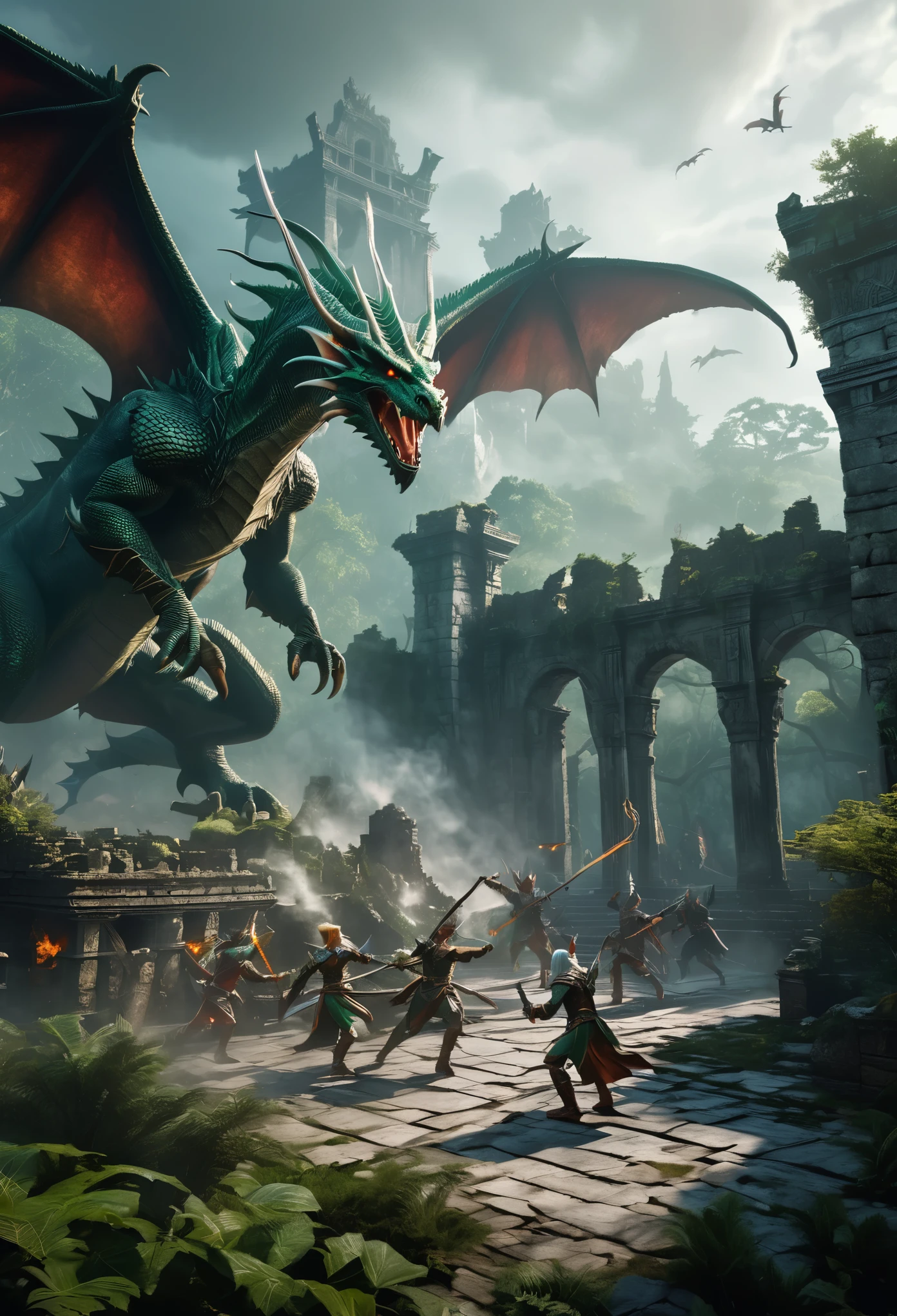 Epic battle scene from Dungeons & Dragons. Elves fighting against evil dragon. Ancient ruins in the background, surrounded by a misty forest. Magic spells flying through the air,  clashing. Dynamic lighting, detailed textures, and realistic shadows