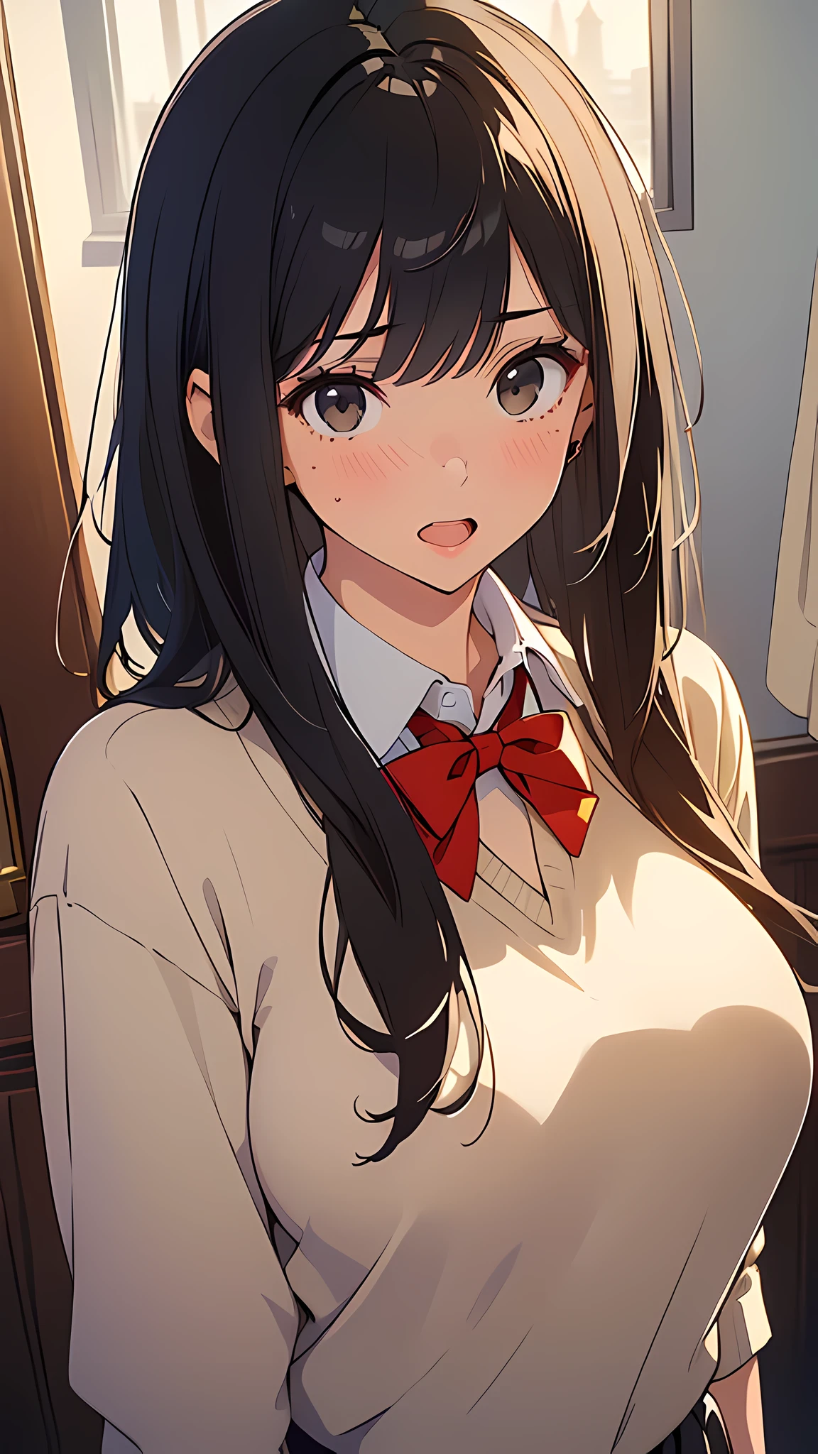 (masterpiece:1.6),(best quality:1.6), (ultra high res1.2),perfect proportion,(dark hair:1), ( black hair:1), (black eyes:1.1),(beautiful Busty breasts:1.2), (beautiful girl:1.4),a girl,(medium bob hair:1.2),a sexy mole around the mouth,open mouth,(aroused:1.3), (embarrassed:1.3), (beige V Neck Sweater:1.1),(school uniform1),a red Checked bow tie, (upper body shot:1.3)