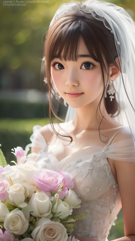 ((sfw: 1.4)), ((detailed face, cute face,brown eye)), ((professional photography)), ((wedding dress,  smile, 1 Girl)), Ultra Hig...
