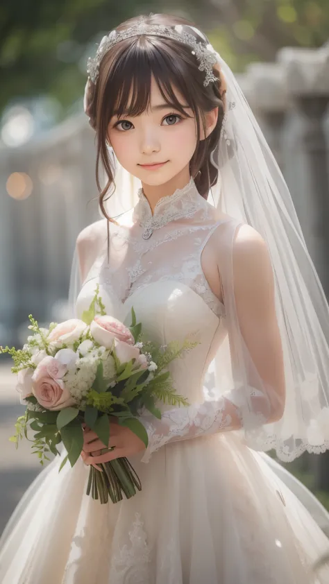 ((sfw: 1.4)), ((detailed face, cute face,brown eye)), ((professional photography)), ((wedding dress,  smile, 1 Girl)), Ultra Hig...