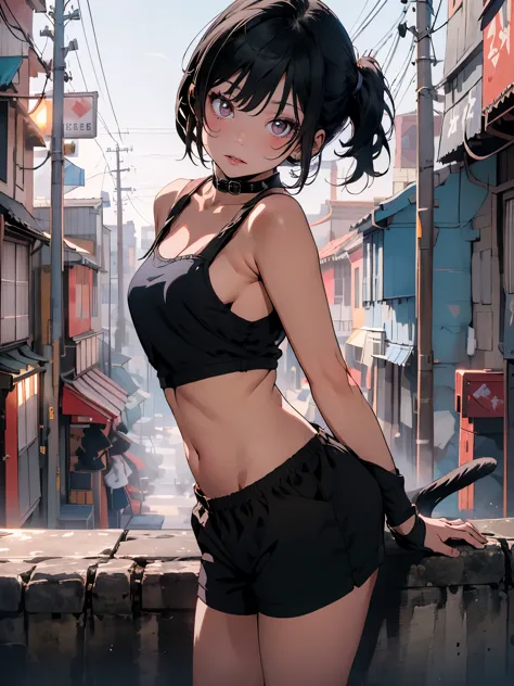 (looking at viewer,(from side:1.2),( head tilt:1.65),(leaning_back:1.25)),portrait,backlight,cyberpunk city,(ninja),(cat girl),(...