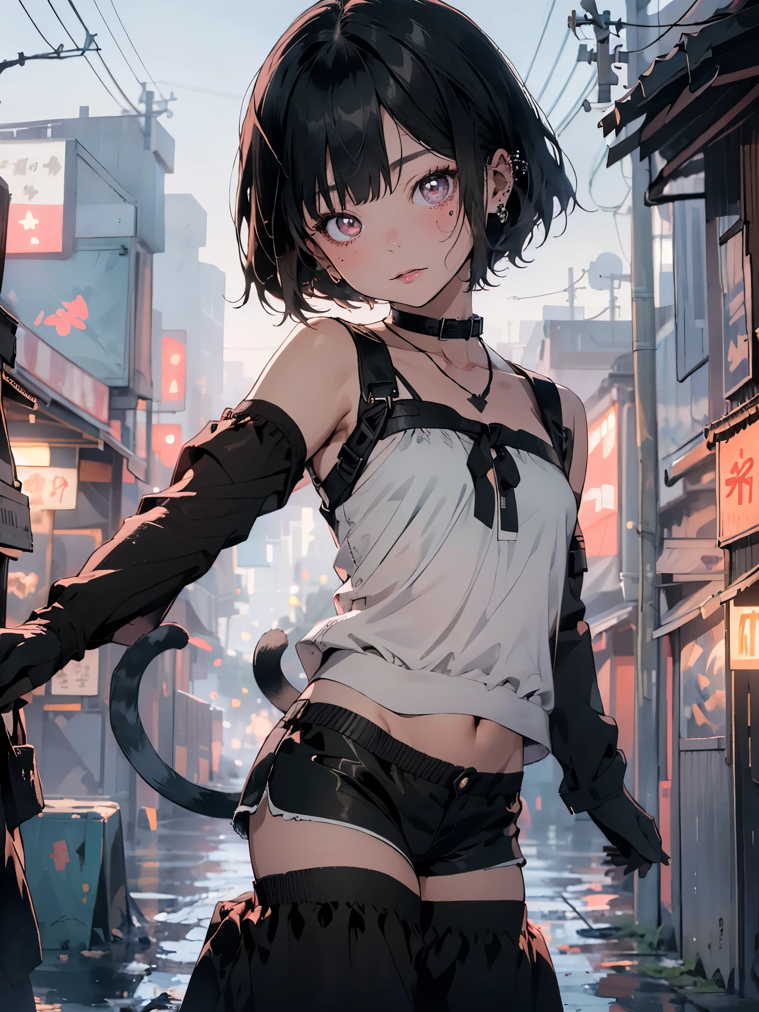 (looking at viewer,(from side:1.2),( head tilt:1.65),(leaning_back:1.25)),portrait,backlight,cyberpunk city,(ninja),(cat girl),((infant)),parted bangs,black hair,pink_eyes,standing,presenting armpit,strapless tank top, navel cutout,shorts,(loli),fingerless gloves,tail,