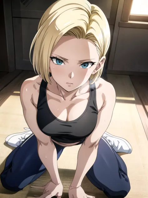 A woman, Android 18. Her face has no make-up and is naturally beautiful. with short blond hair. Female body. Her appearance is v...