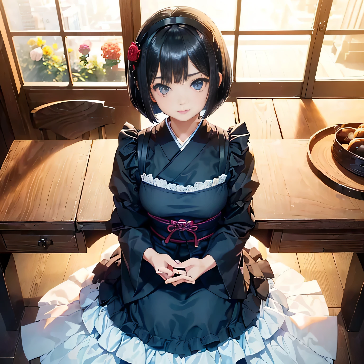 ((1girl,cute,japanese,young,short beautiful black hair,bob cut,beautiful blue eyes)),(solo),(gothic lolita),((masterpiece, highest resolution,best quality)), (beautiful illustration), (looking at the viewer), innocent smile,beautiful modern maid cafe,big city,table,chair,window,flowers,