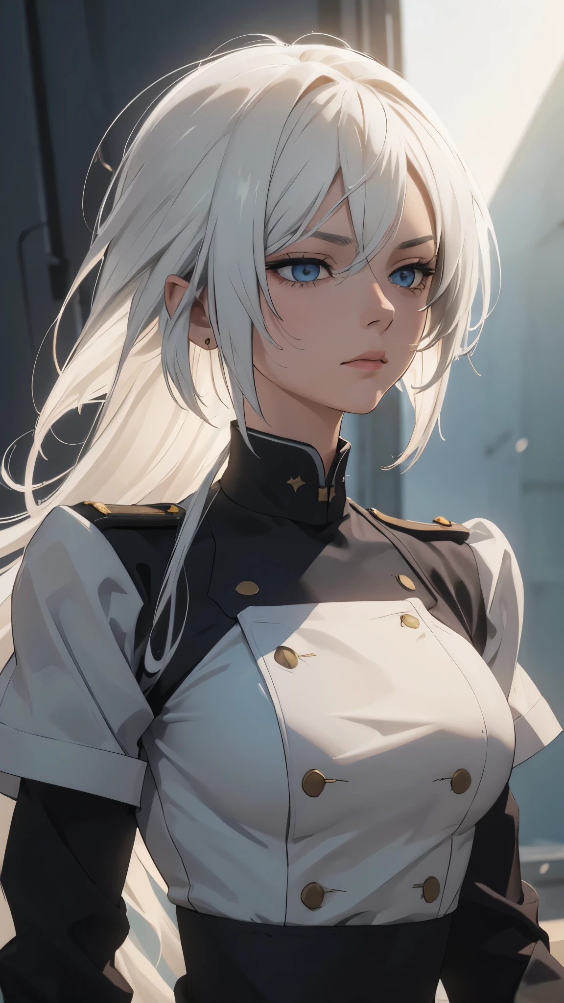 (extremely detailed CG unity 8k wallpaper), (masterpiece), (best quality), (ultra-detailed), (best illustration), (best shadow), (absurdres) ,(detailed eyes), 2b, 1girl, long hair, white hair, solo, Intimidating women, admiral uniform, night, hero pose, white clothes, General Uniform, Military Uniform, Sunlight, exposed to sunlight,commander, fighting pose, wearing cape