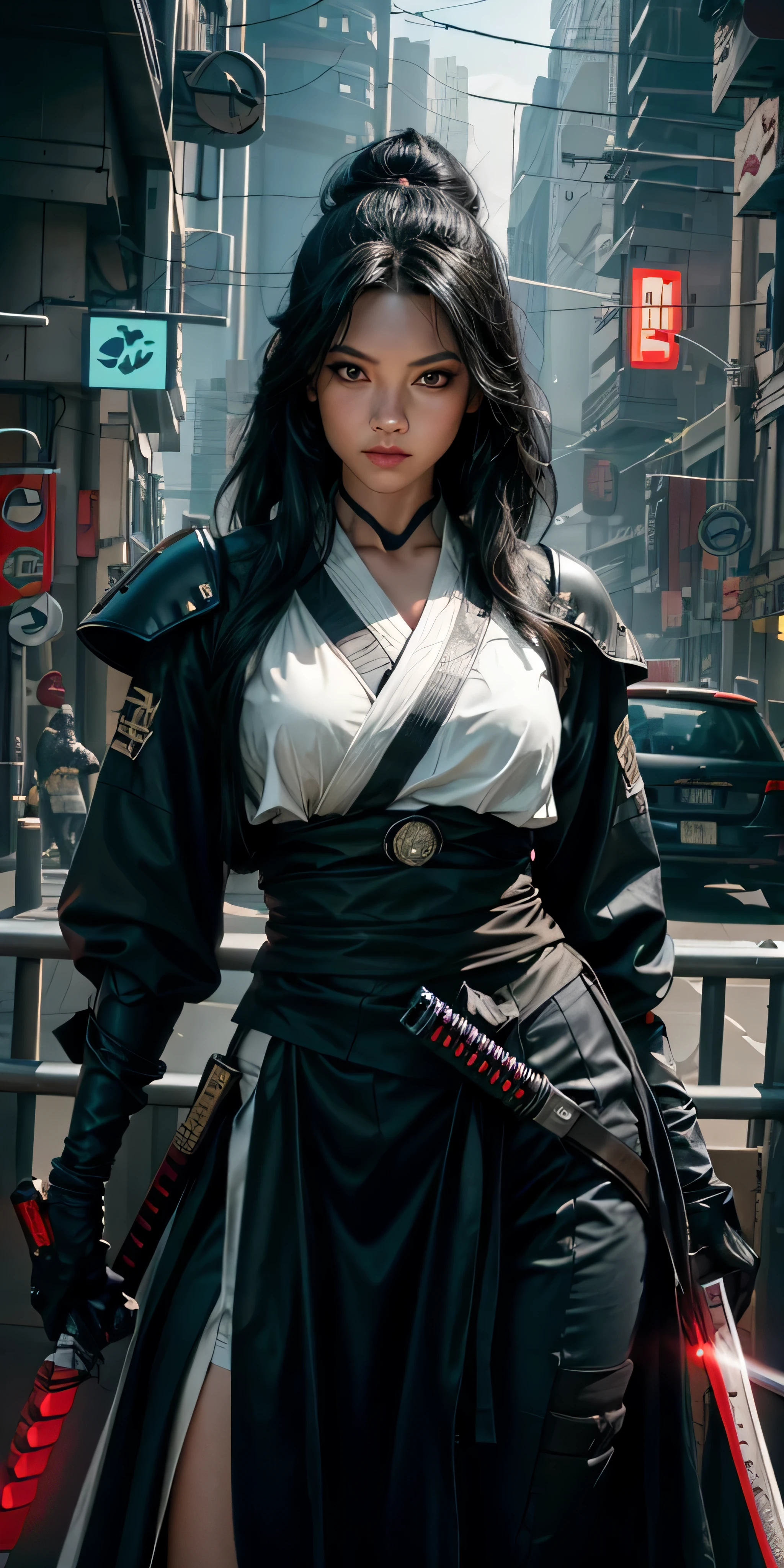 fotorealistisch, Hohe Auflösung, Sanftes Licht,1Frauen, Allein, Hüften hoch, (Detailliertes Gesicht), schwarze lange Haare, cybersamurai, cyborg, cyberpunk,  cyber armor, Waffe halten,glühend,Auf der Strasse , Kimono , Scharfschütze mit Blick auf das Ziel, Katana