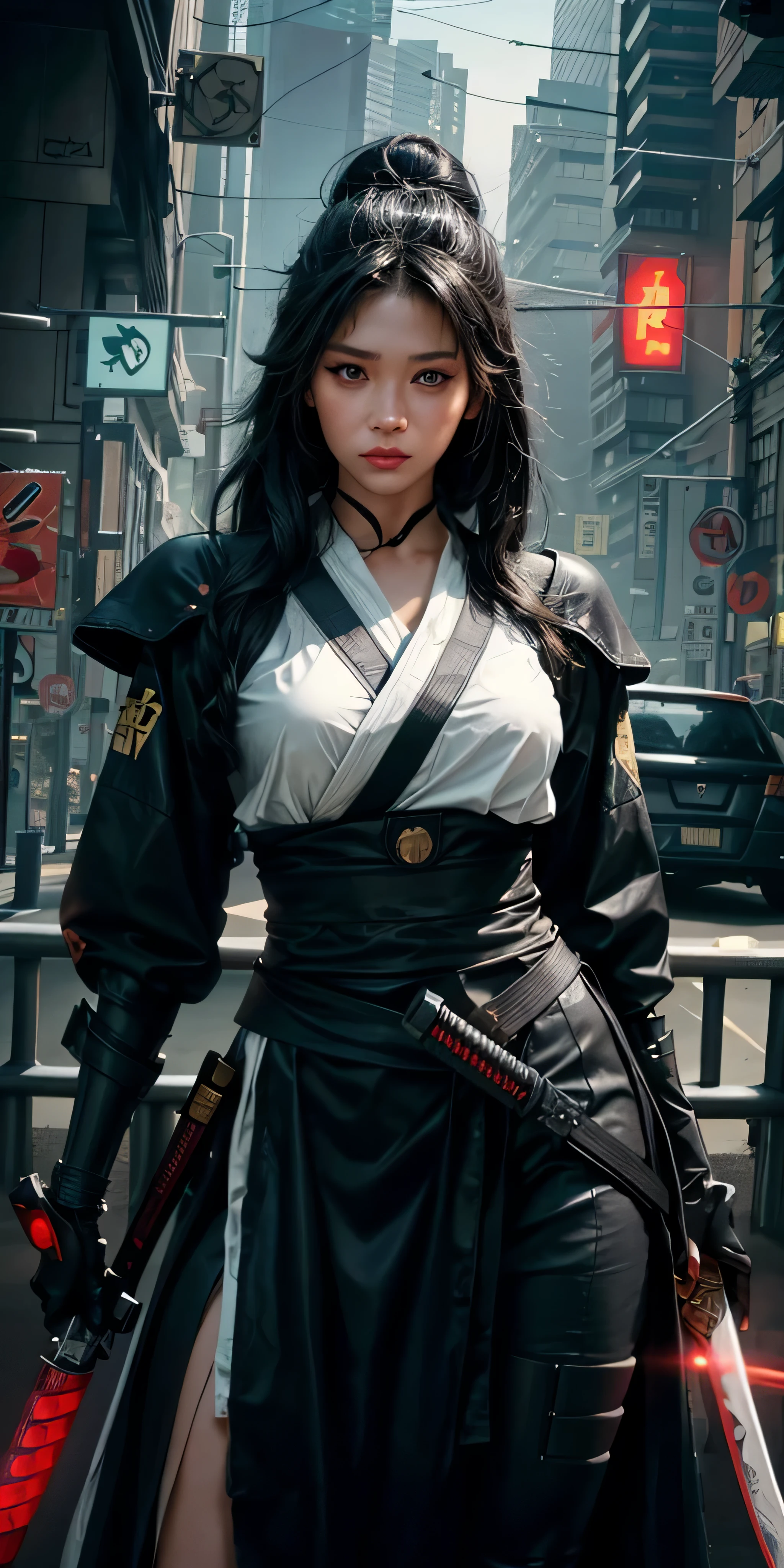 photorealistic, high resolution, soft light,1women, solo, hips up, (detailed face), black long hair, cybersamurai, cyborg, cyberpunk,  cyber armor, holding weapon,glowing,on the street , kimono , sniper looking at the target, katana