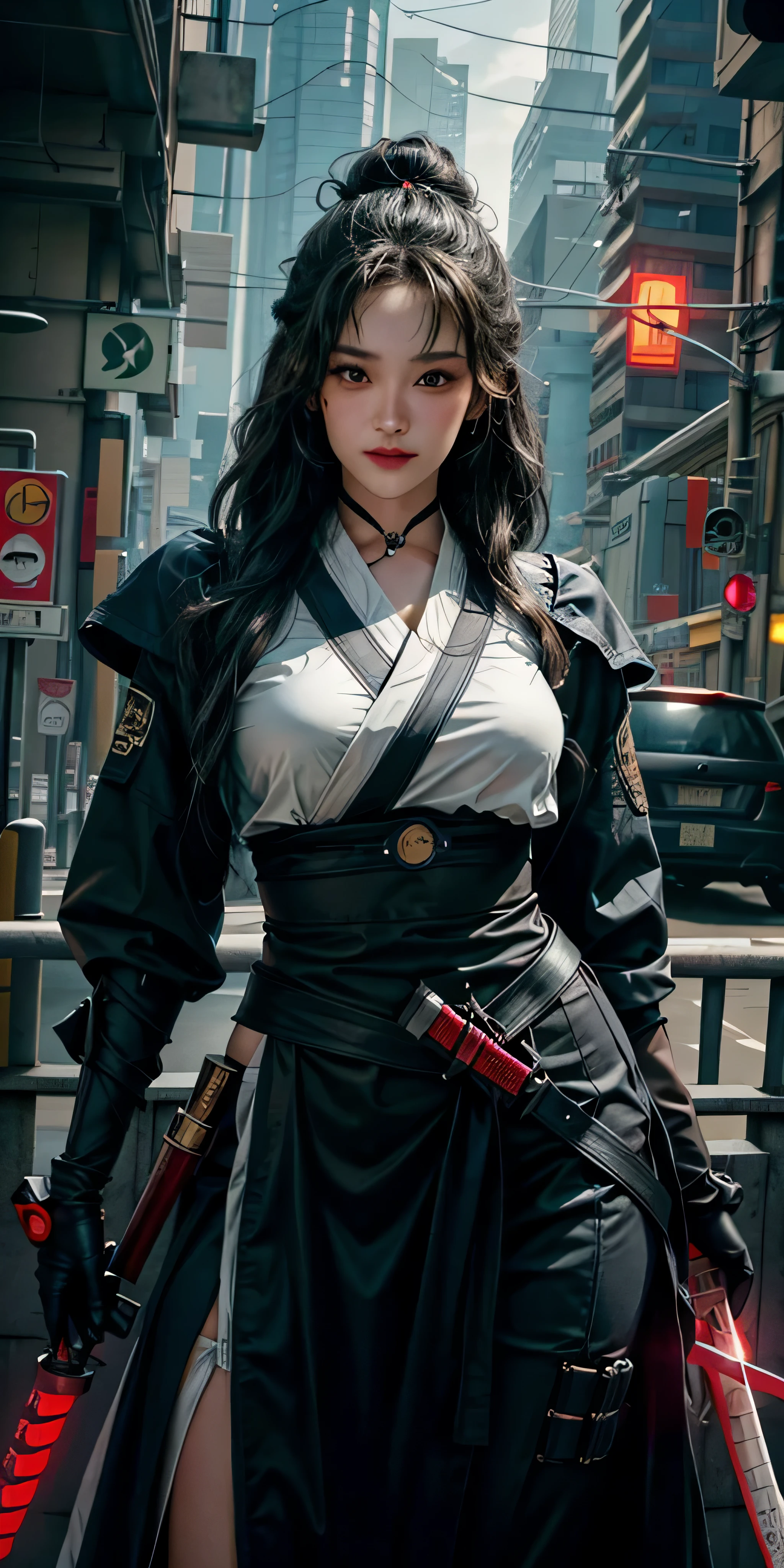 photorealistic, high resolution, soft light,1women, solo, hips up, (detailed face), black long hair, cybersamurai, cyborg, cyberpunk,  cyber armor, holding weapon,glowing,on the street , kimono , sniper looking at the target, katana