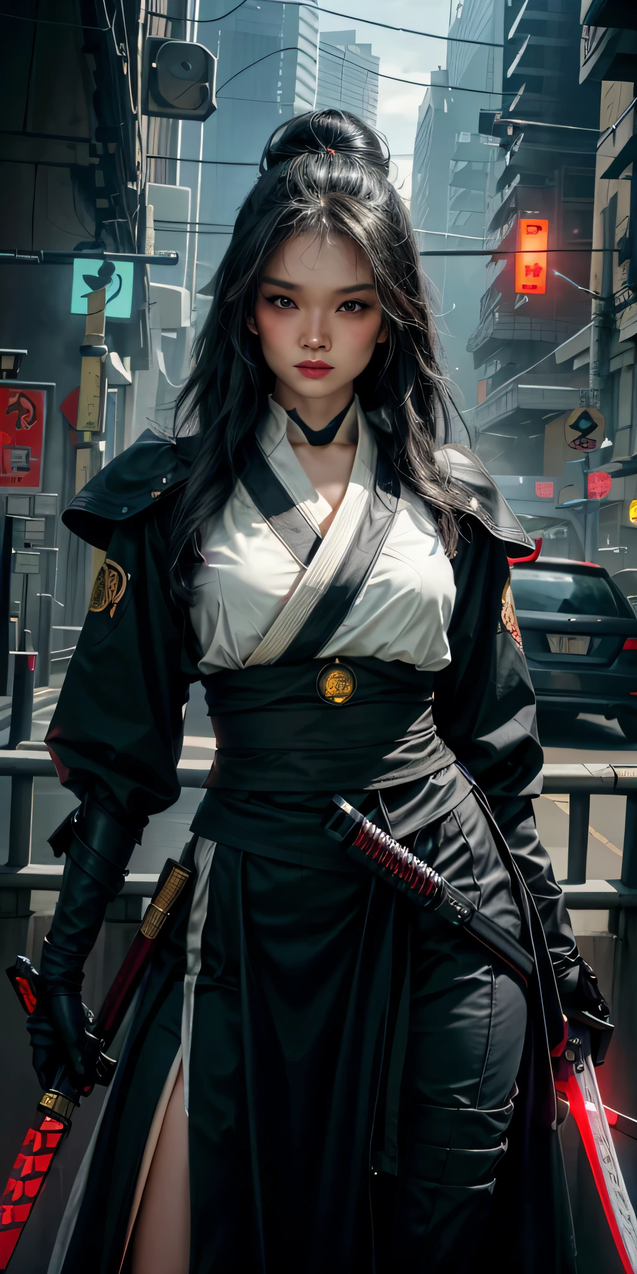 fotorealistisch, Hohe Auflösung, Sanftes Licht,1Frauen, Allein, Hüften hoch, (Detailliertes Gesicht), schwarze lange Haare, cybersamurai, cyborg, cyberpunk,  cyber armor, Waffe halten,glühend,Auf der Strasse , Kimono , Scharfschütze mit Blick auf das Ziel, Katana