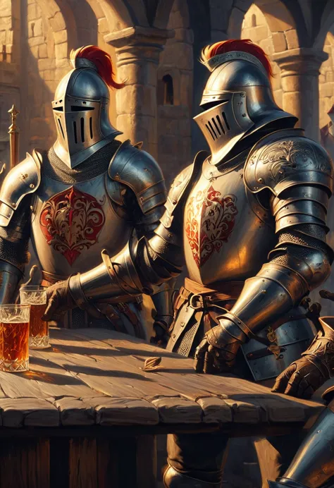 adventurers of different professions and races drink freely in medieval bars, including mages, thieves, savages, and knights, rp...