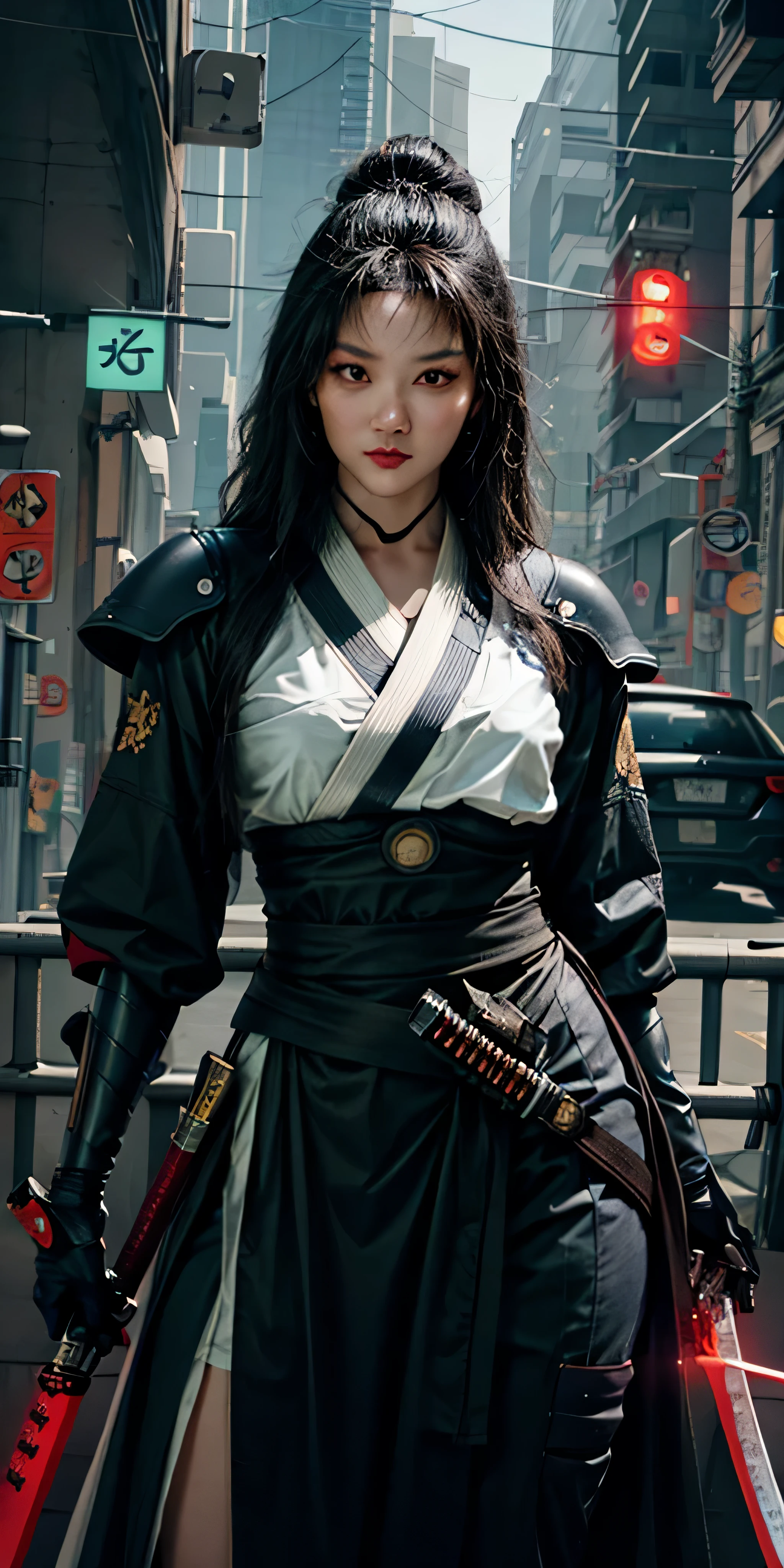 fotorealistisch, Hohe Auflösung, Sanftes Licht,1Frauen, Allein, Hüften hoch, (Detailliertes Gesicht), schwarze lange Haare, cybersamurai, cyborg, cyberpunk,  cyber armor, Waffe halten,glühend,Auf der Strasse , Kimono , Scharfschütze mit Blick auf das Ziel, Katana