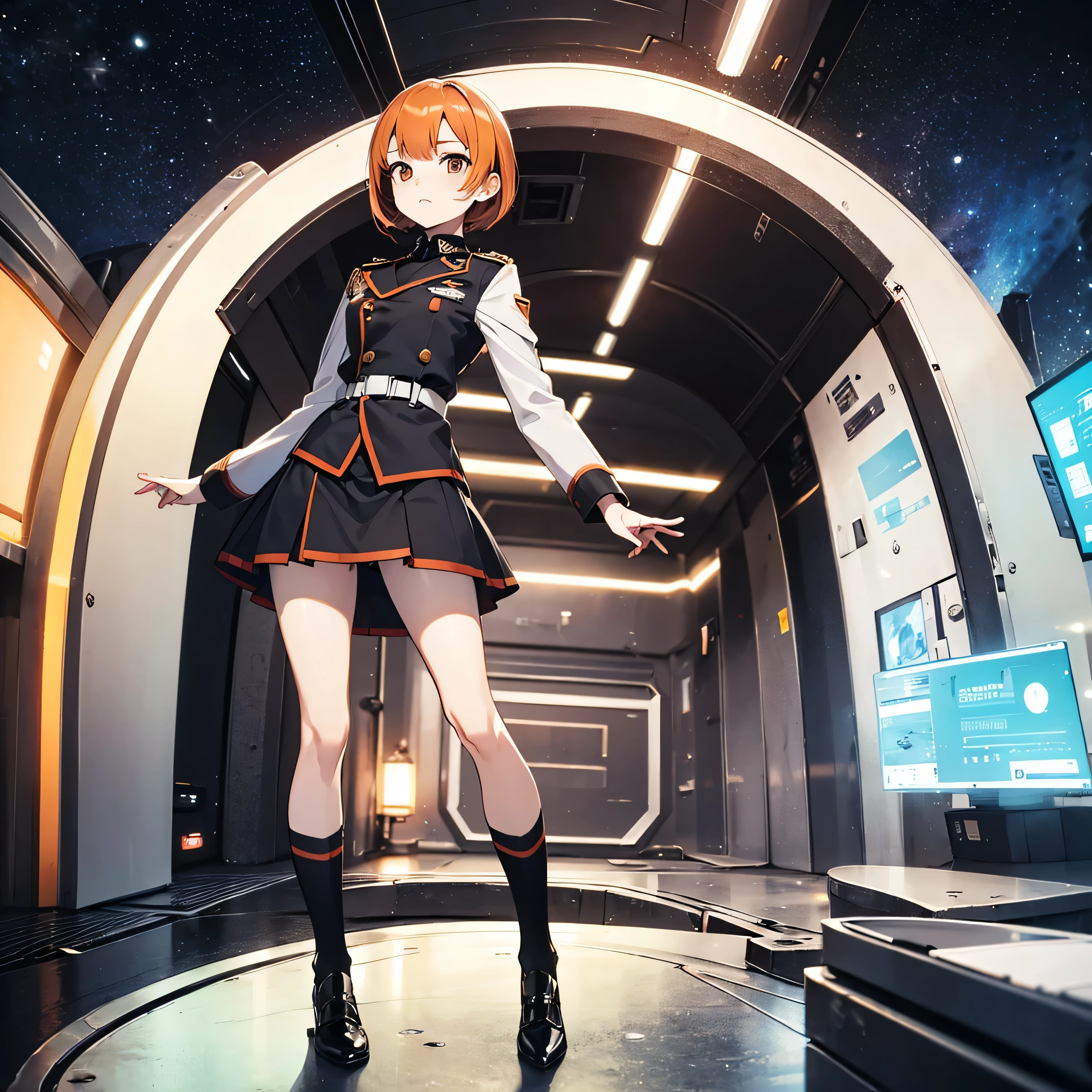 (solo), 1 de pie en la nave espacial, galaxia en distancia, uniforme militar, falda muy corta, orange short hair, cerraduras laterales largas