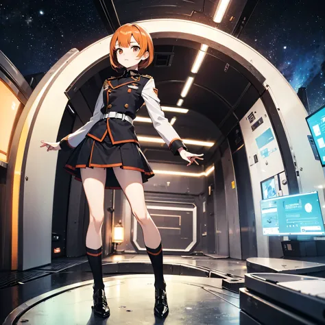 (solo), 1  standing in space ship, galaxy in distance, military uniform, very short skirt, orange short hair, long sidelocks